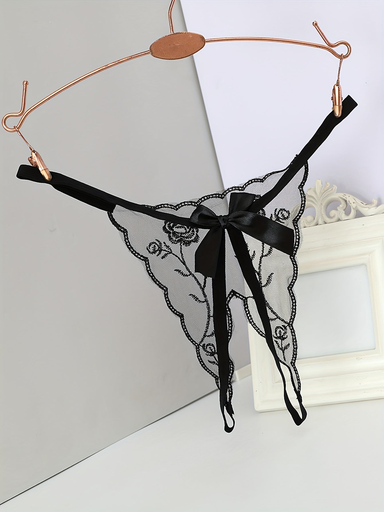 Women's Transparent Thong with Embroidered Red Rose Flowers and Low Waist Trousers