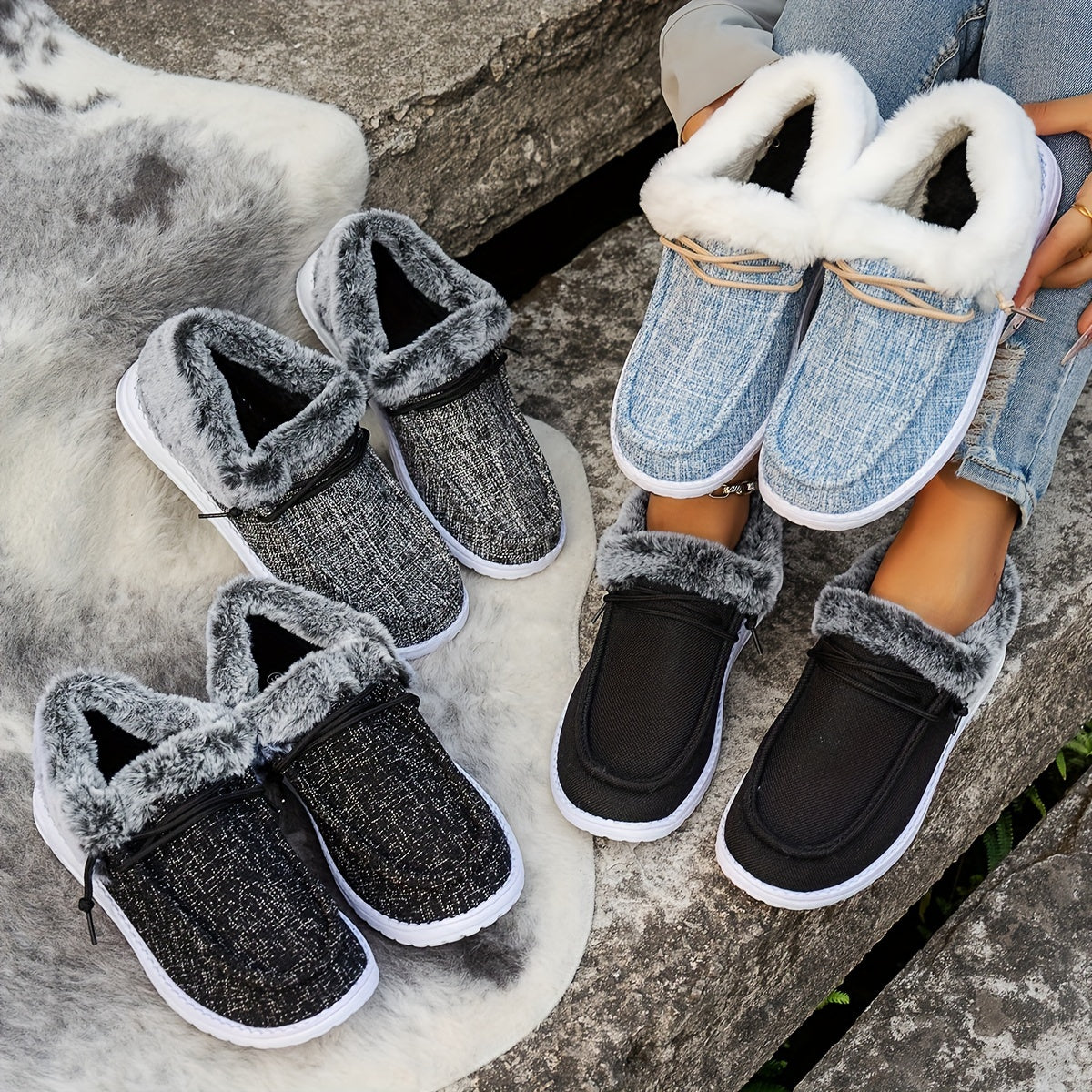 Women’s Black and Blue Casual Slip-On Loafers Warm Breathable Non-Slip