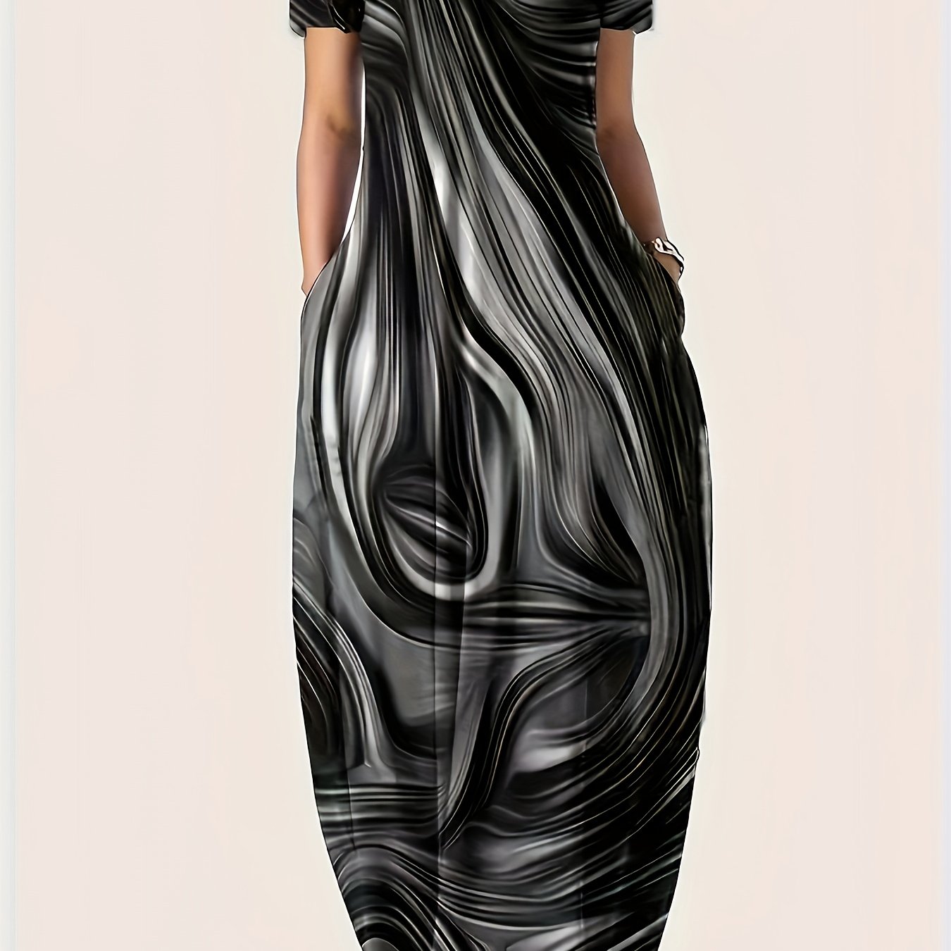 Платье-макси с принтом для полных размеров на весну-лето, повседневное, короткий рукав, круглый вырез