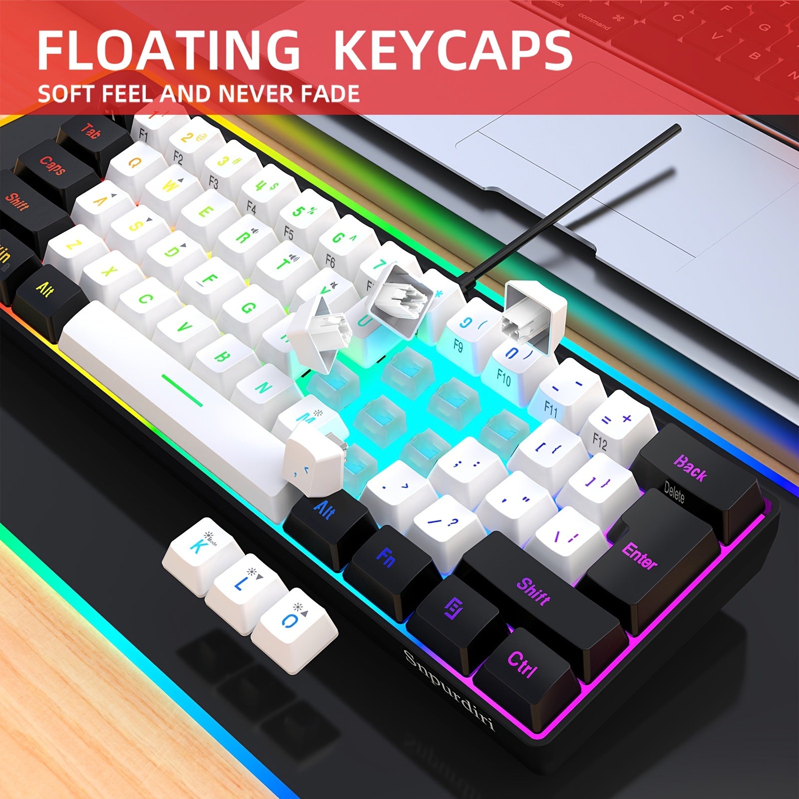 Teclado de juegos RGB mini de 60% con 61 teclas retroiluminadas, con cable USB, para PC y Mac, escritura y juegos