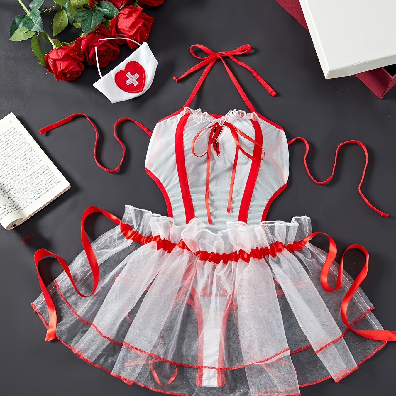 Women's Seductive Lace Lingerie Set with Hairband Bodysuit and Skirt