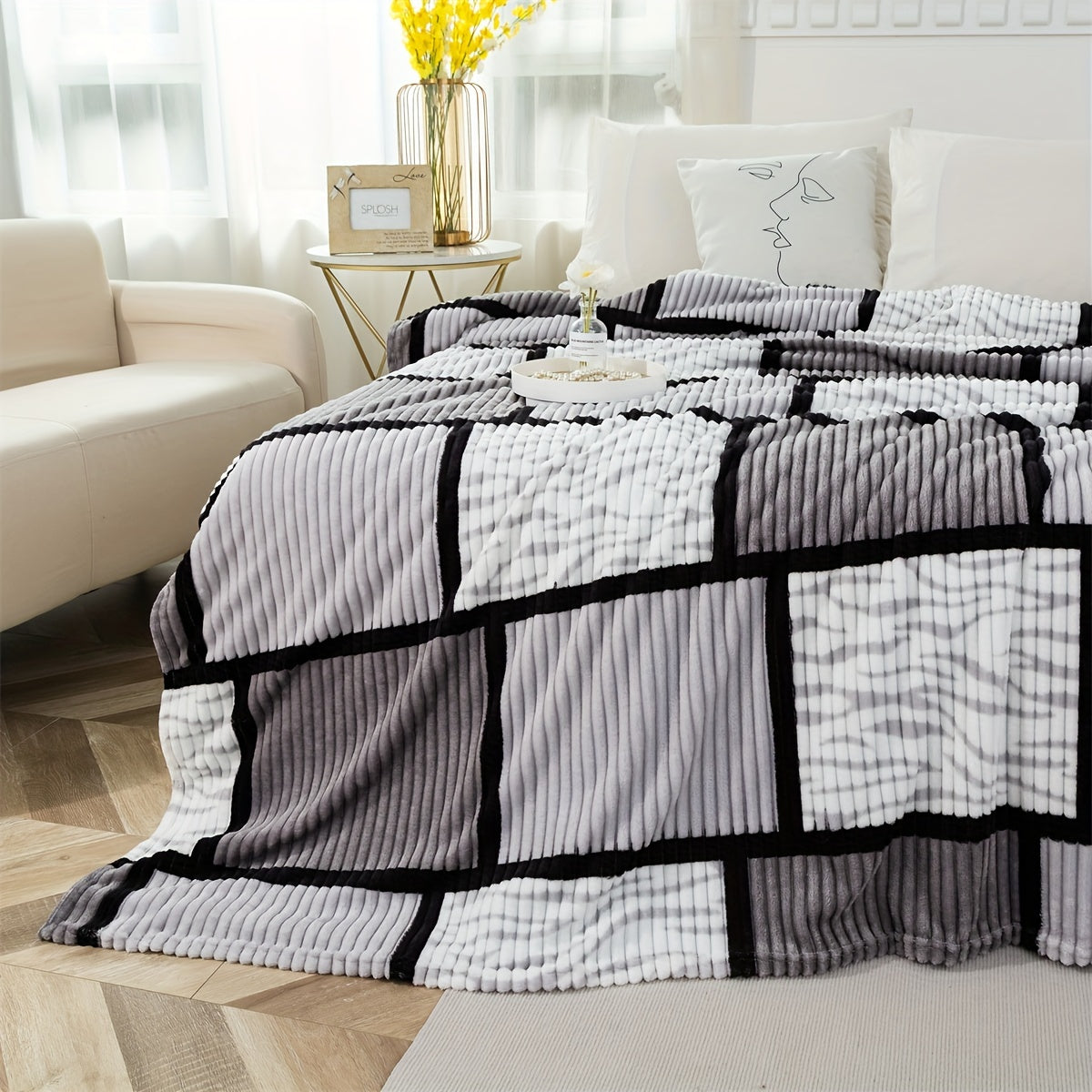 Color Block Faux Rabbit Fur Bed Blanket Cozy Throw for Bed Sofa Couch