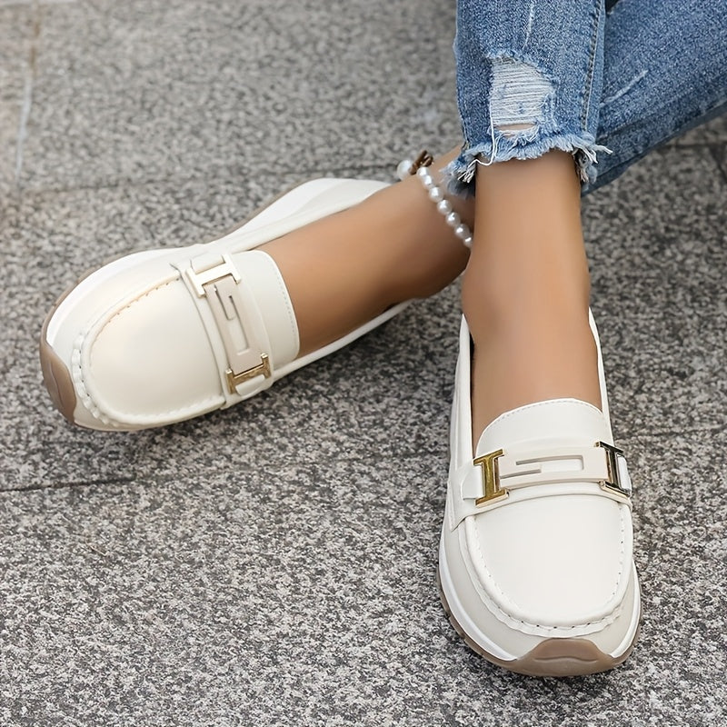 Women Loafers with Metal Buckle Slip-On Flats Non-Slip Casual Shoes