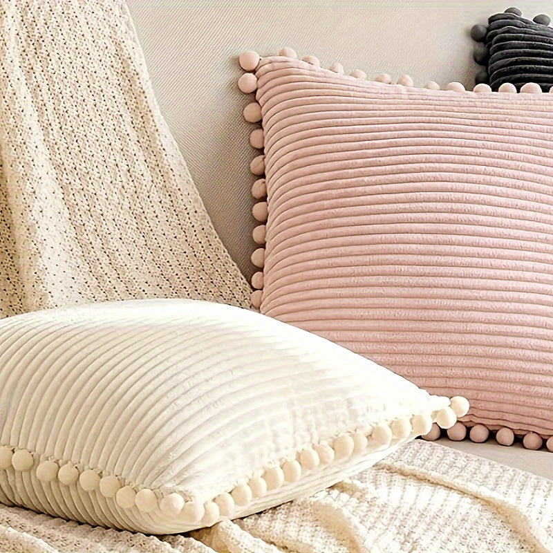 2 чехла для подушек из вельвета с меховыми шариками, идеально подходят для декора гостиной или спальни (подушки не включены).