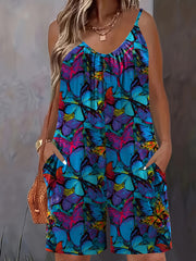 Plus Size Butterfly Print Romper V-Neck Sleeveless Pockets Stretchy Machine Washable