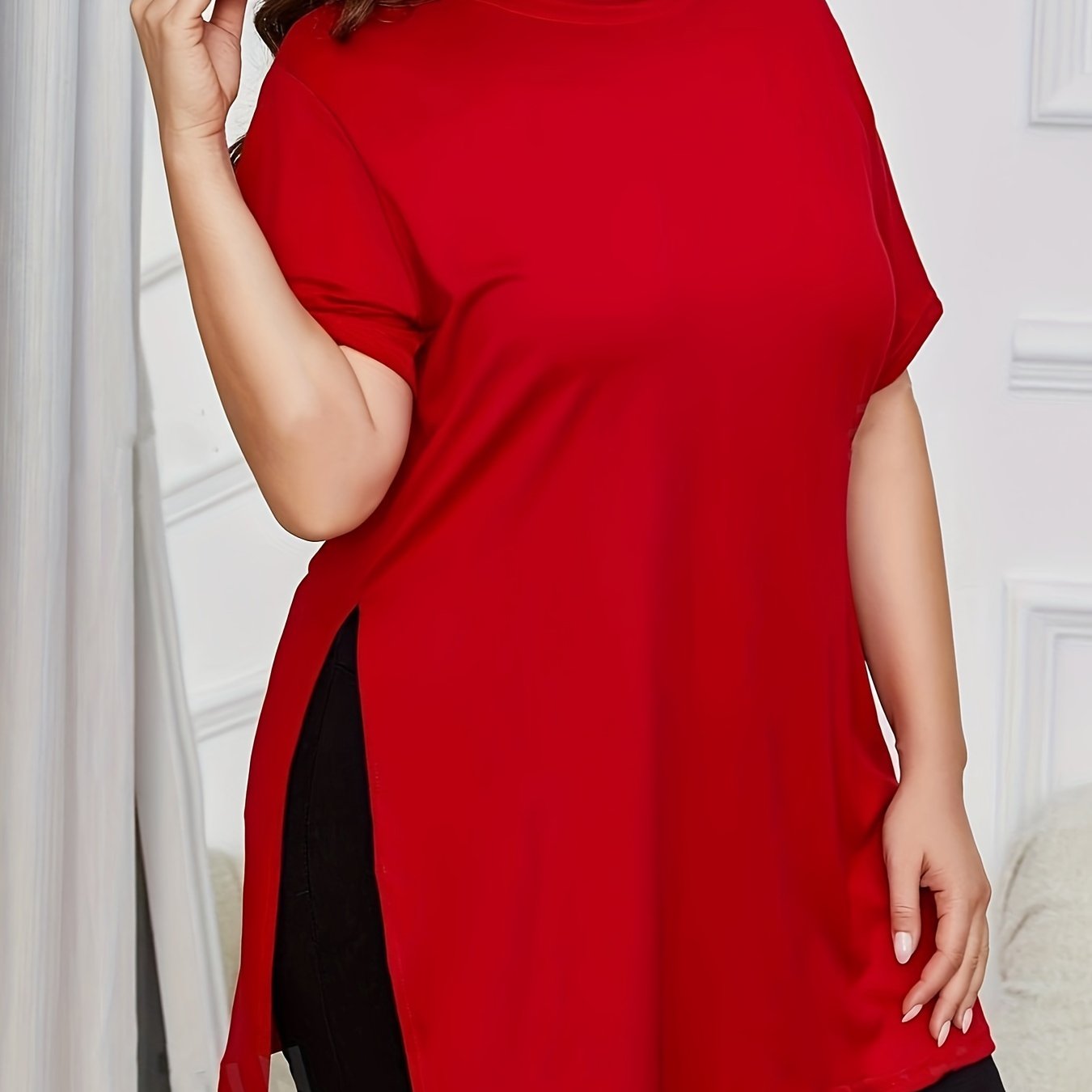 Women's Plus Size Solid T-Shirt with Side Split Short Sleeve Casual Cotton