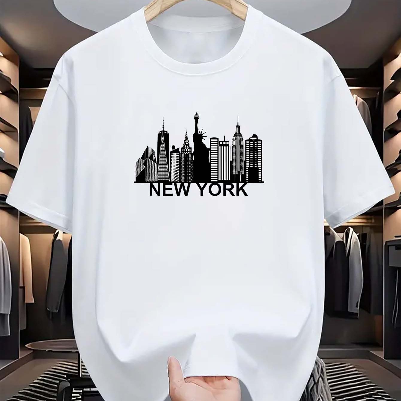 Camiseta gráfica de manga corta con cuello redondo para hombre en azul claro con skyline de NYC, verano casual, poliéster
