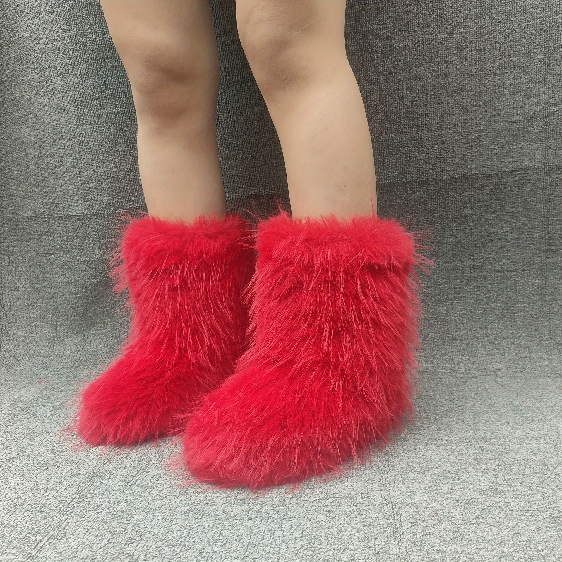 Women's Faux Fur Mid-Calf Snow Boots Warm Winter Slip-On Flat Shoes