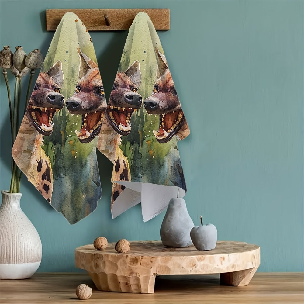 Set of 2 Ultra Soft Kitchen Towels Watercolor Hyenas 40x60cm Absorbent Dish Towels