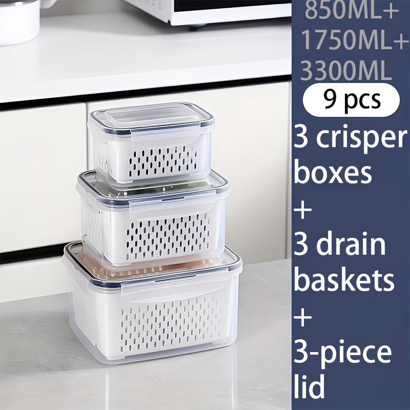 9-Piece BPA-Free Plastic Food Storage Set with Drain Baskets Leak-Proof Freezer-Safe Reusable
