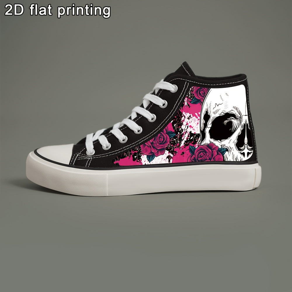 Women’s Black and White High-Top Sneakers with Skull and Roses Design