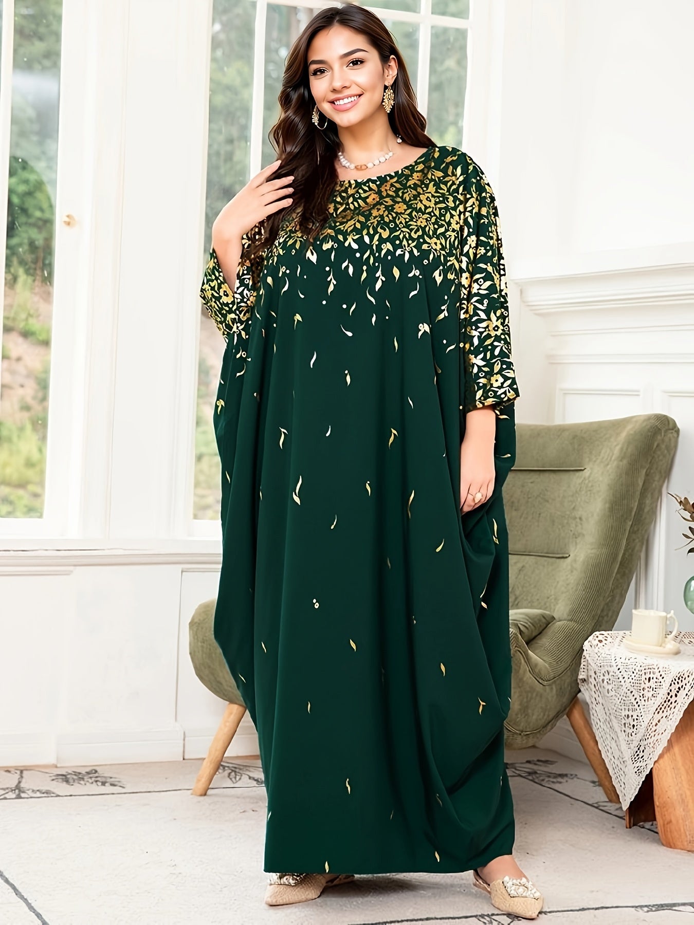 Women's Plus Size Floral Print Batwing Sleeve Maxi Dress