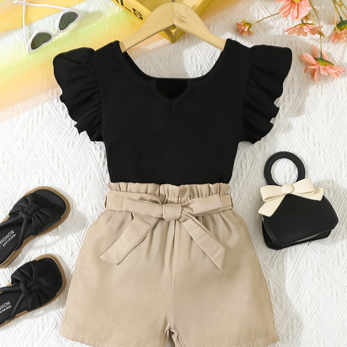 Girls Summer Shorts and Top Set with Lace-Up Sleeveless Top and Belt Shorts