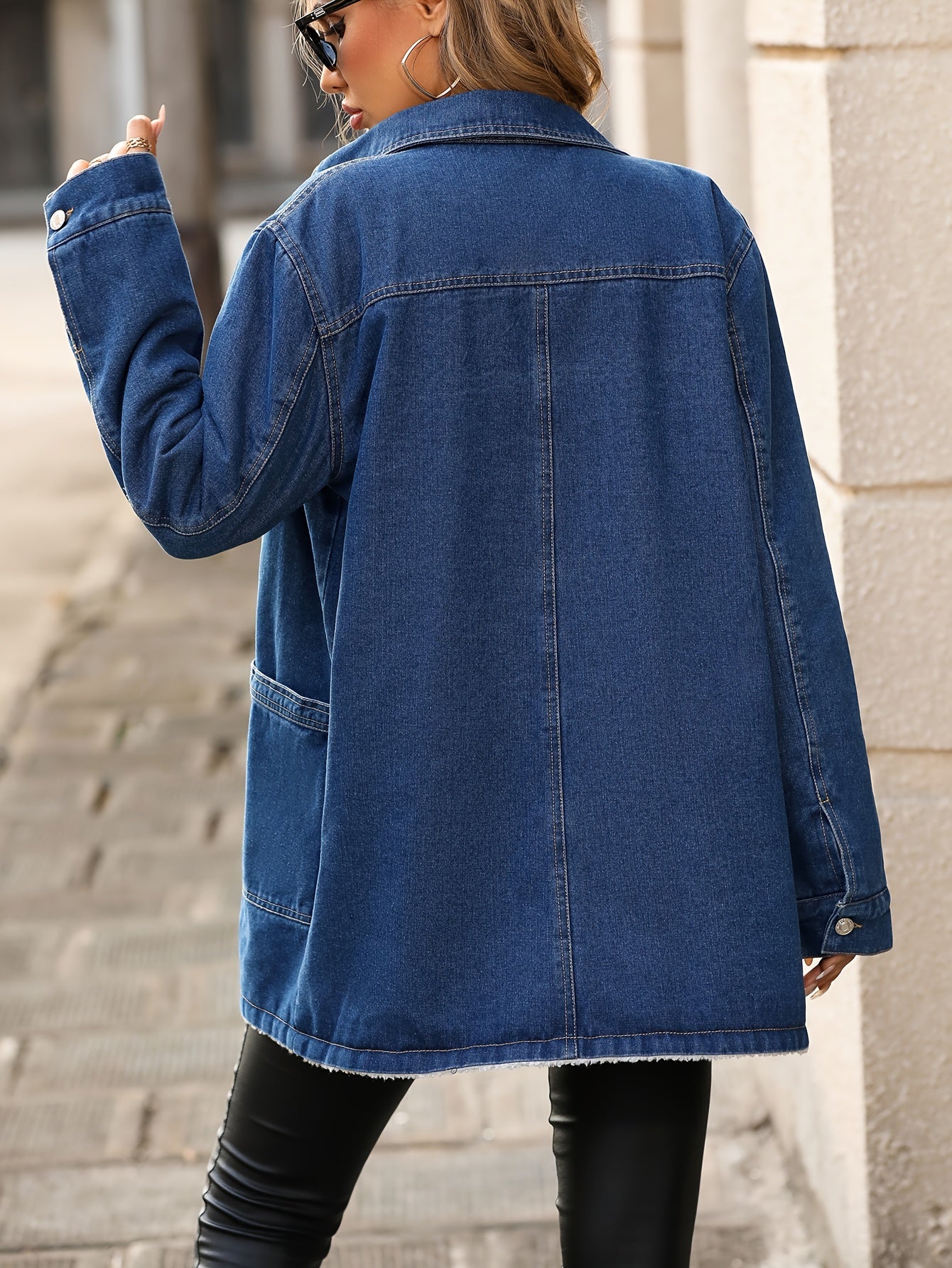 Women's Fleece-Lined Denim Jacket with Lapel Collar Button Front Solid Color Autumn Outerwear