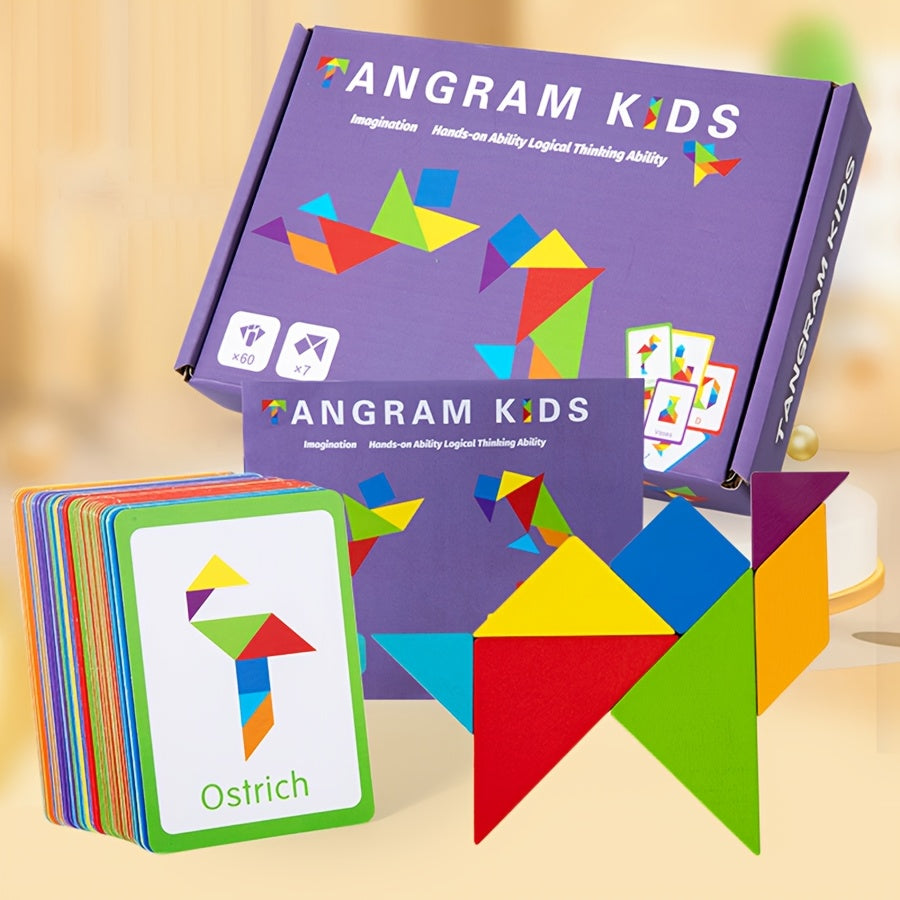 Gran juguete de rompecabezas de tangram de partículas de madera para niños de 3 años en adelante con colores mezclados