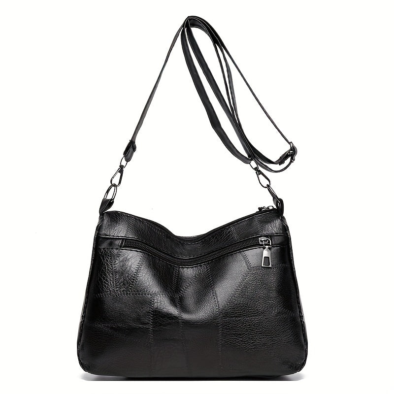 Women's Black Geometric Pattern PU Messenger Bag with Foldable Design and Zipper Closure