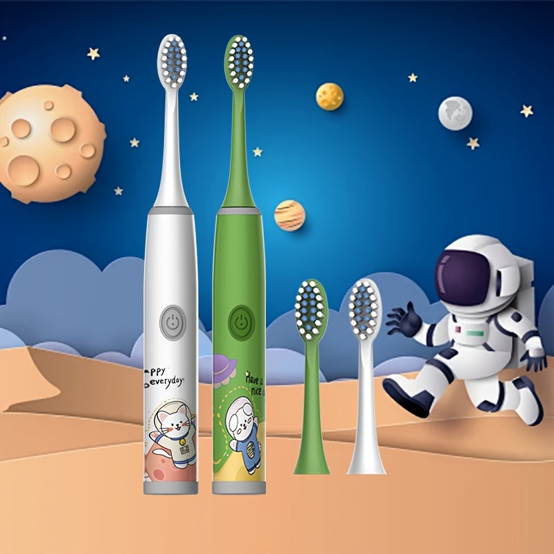 Электрическая зубная щетка для детей с 4 насадками, мягкая щетина, работает на батарейках