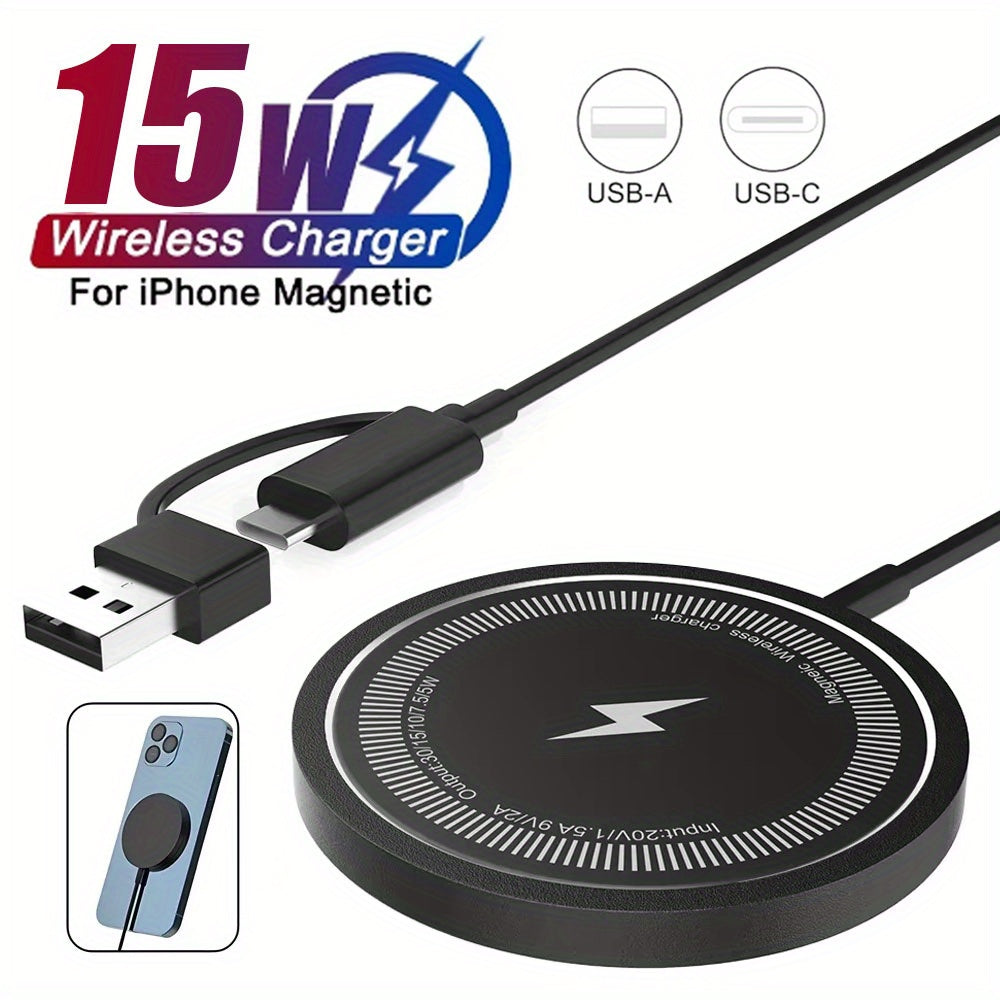 MagSafe Compatible 15W Wireless Charger Pad for iPhone and Airpods Dual USB-C and USB-A Input Black