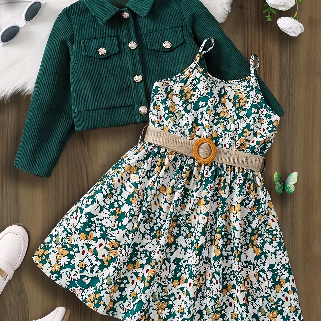 Girls Casual Outfit Set with Ribbed Corduroy Jacket Floral Cami Dress Belt for Spring Fall Outdoor Parties