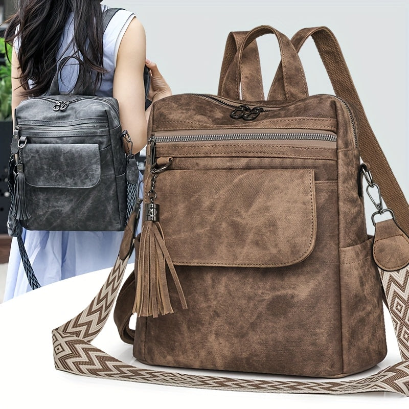 Women's Retro Brown Leather Backpack with Large Capacity and Multiple Zippers