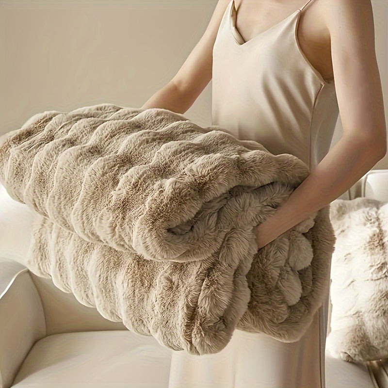 Plush Reversible Bubble Fleece Throw Blanket for Sofa Bed Travel White