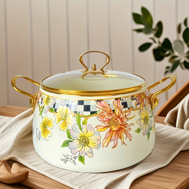 French Daisy Stockpot with Lid Enamel Coating Induction Compatible Floral Design