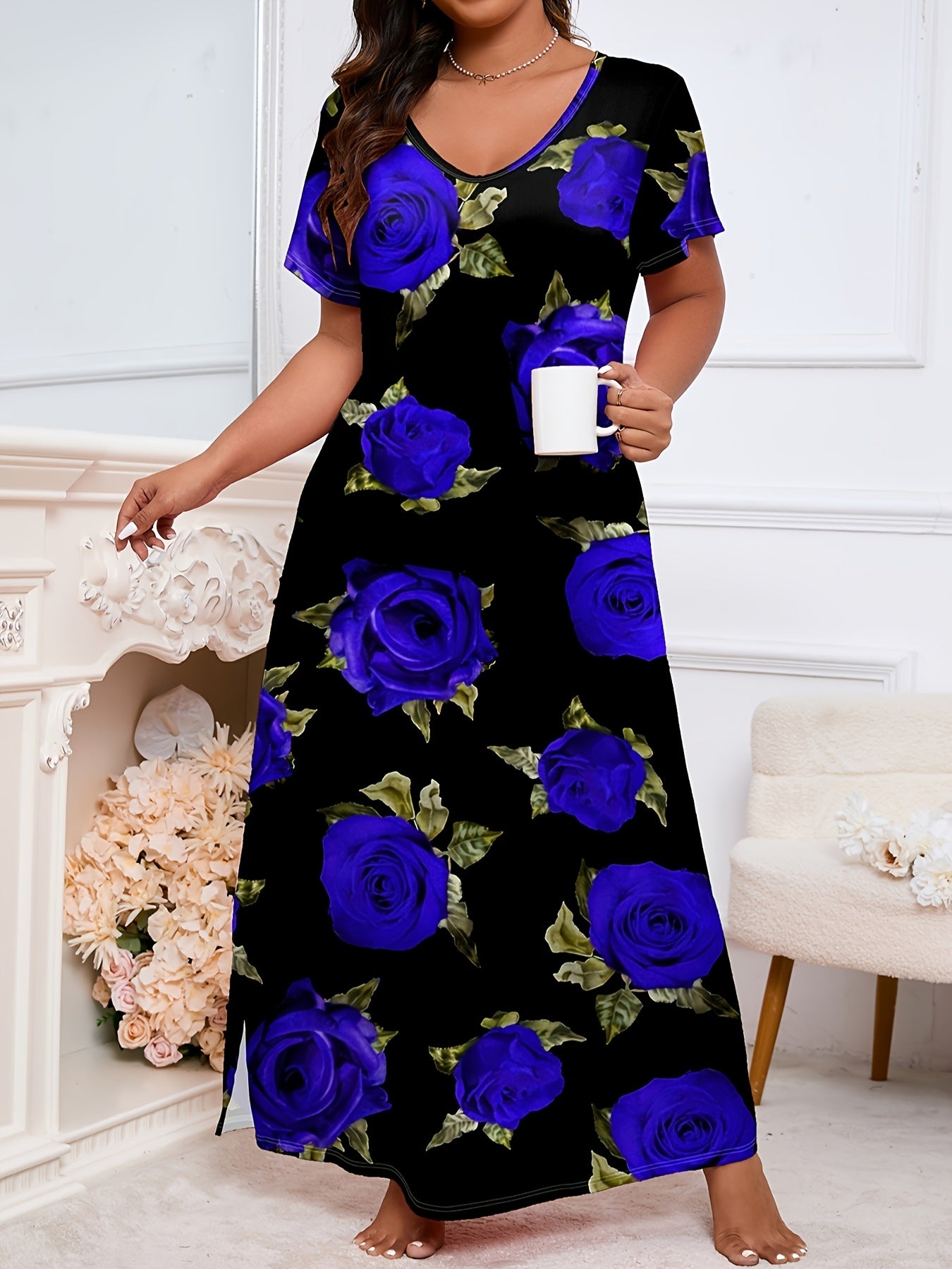 Plus Size Nightgown Polyester Knit V-Neck Short Sleeve Floral Sleepwear