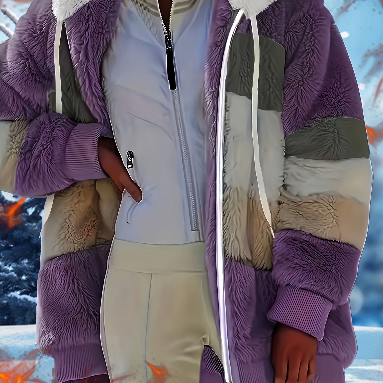 Ayollar uchun qishki lounge top, rangli blok dizayni, qalin fleece, old qismi zıppı, kapüşon va tortish ipli palto. lounge kiyimlari.