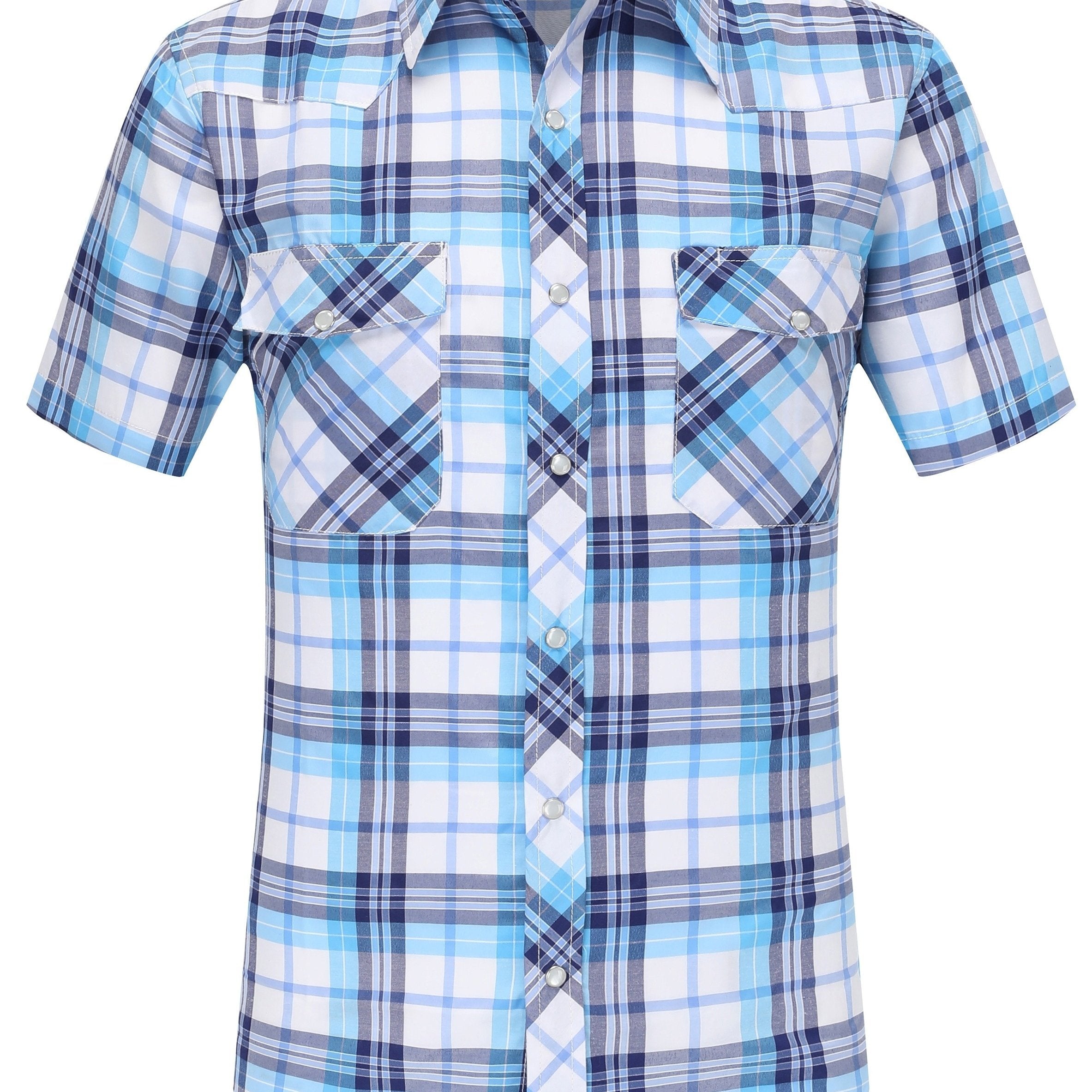 Camisa de verano casual de cuadros para hombre, manga corta, ajuste ajustado, poliéster y algodón, ligera