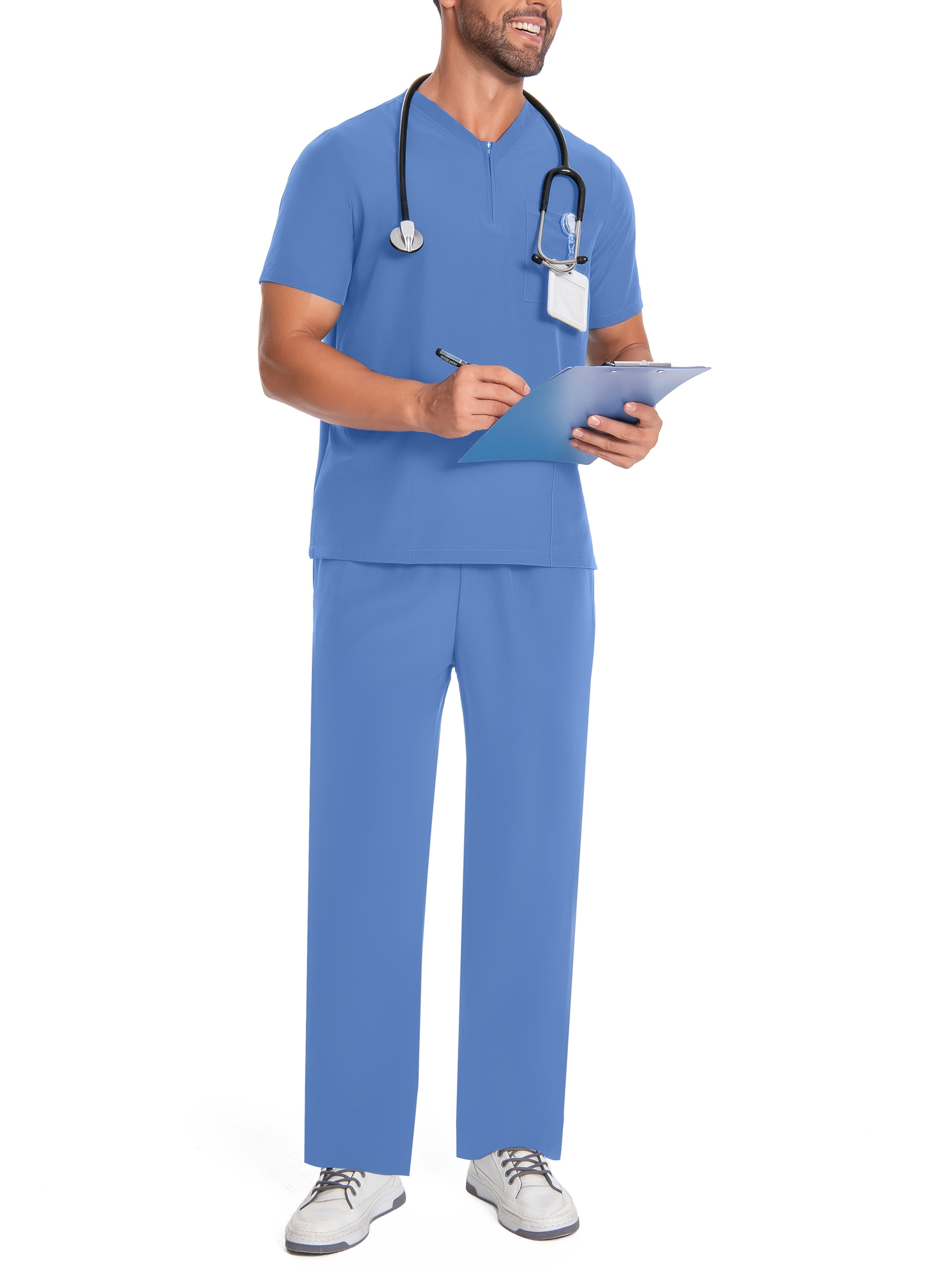 Men's Polyester V-Neck Scrub Set Short Sleeve Solid Color Zipper Pockets for Healthcare Lab Pet Grooming