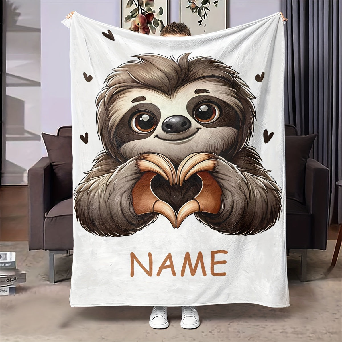 Personalized Sloth Heart Gesture Flannel Fleece Throw Blanket Cozy Skin-Friendly Quilted for Home Office Sofa