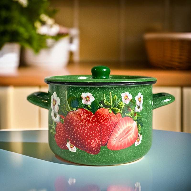Enamel Cooking Pot 20cm with Strawberry Floral Design, Heat-Retaining Lid