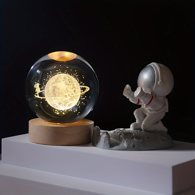 3D Laser Engraved Crystal Ball Night Light Solar System Saturn USB Powered Gift