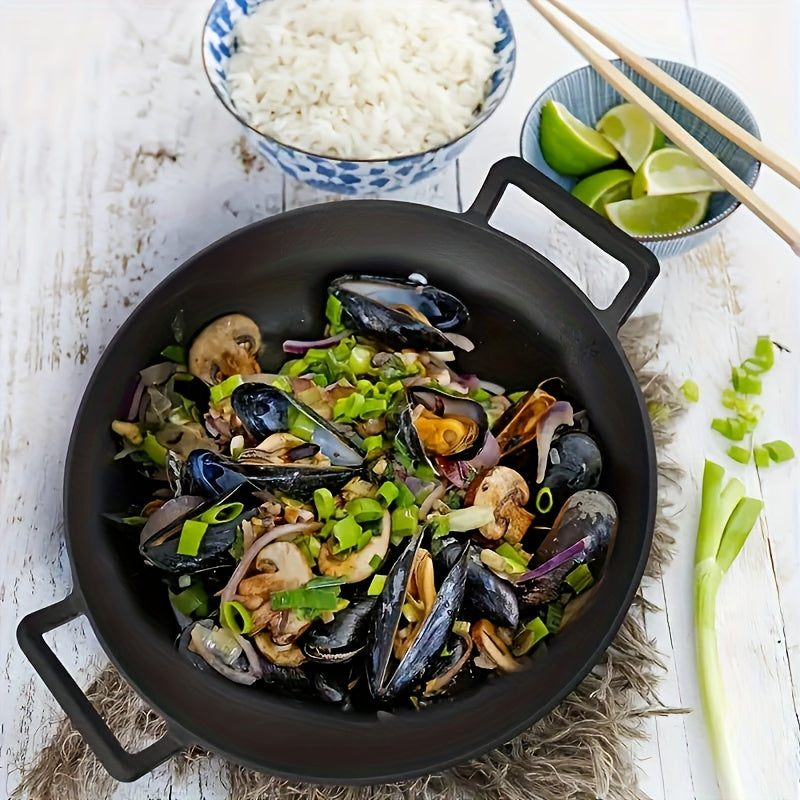 Large Traditional Wok with Dual Handles and Cedar Wood Lid for Induction and Gas Stoves