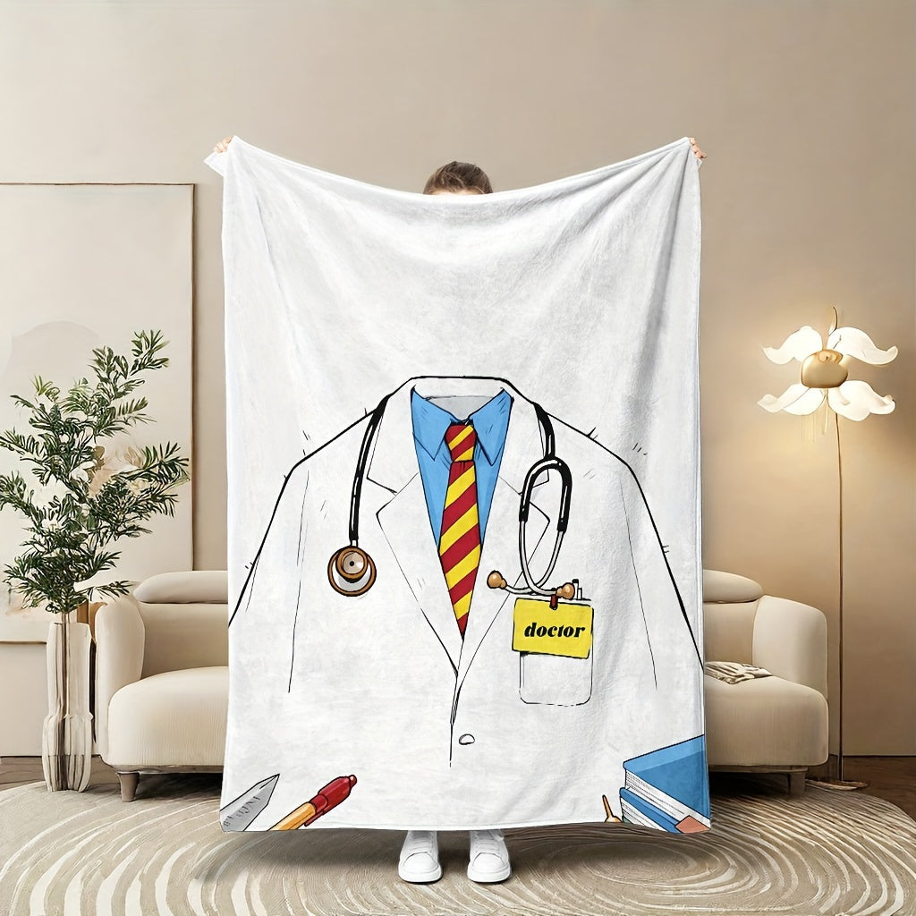 Cartoon Doctor Print Coral Fleece Blanket All-Season Cozy Knit for Sofa Bed Travel