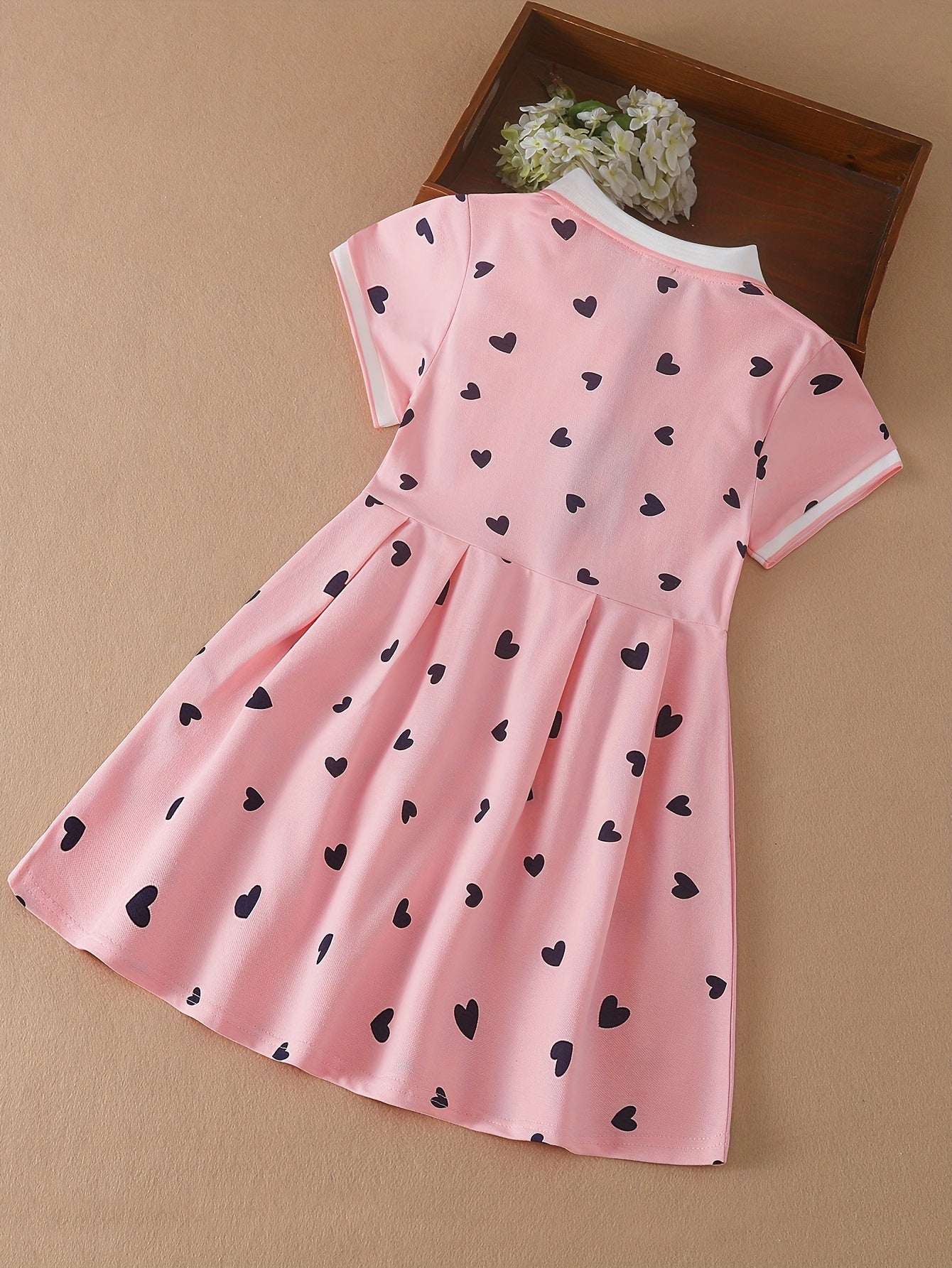 Girls Summer Cotton Blend Dress with Heart Pattern Short Sleeves Knee-Length for School and Performances