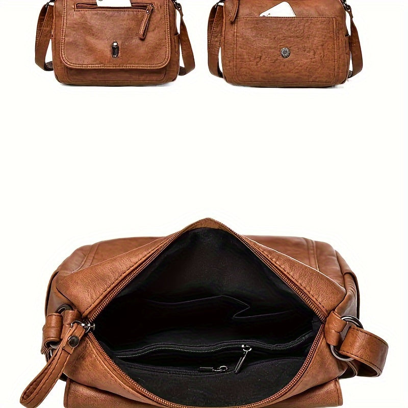 Women's Brown Retro Crossbody Bag with Adjustable Strap and Multiple Compartments