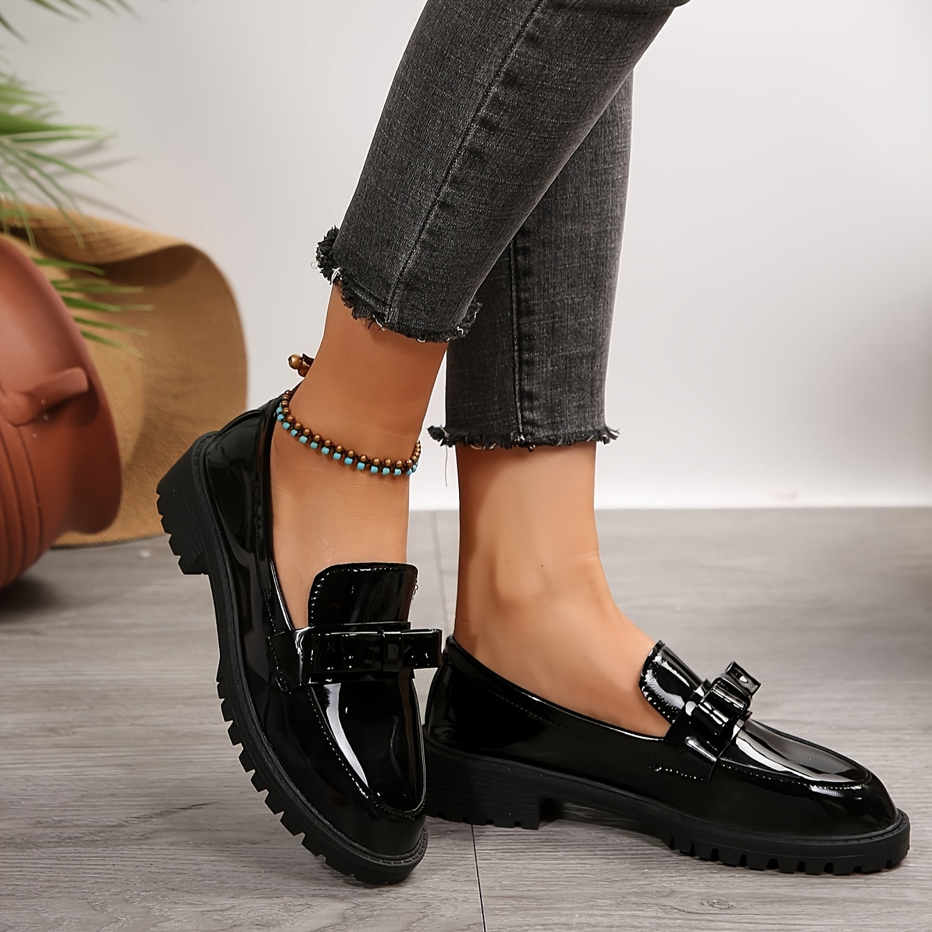 Women's Black Faux Leather Loafers with Bow Detail Slip-On Dress Shoes for Spring and Autumn