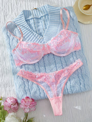 Women's Lace Satin Lingerie Set with Underwire and Adjustable Straps