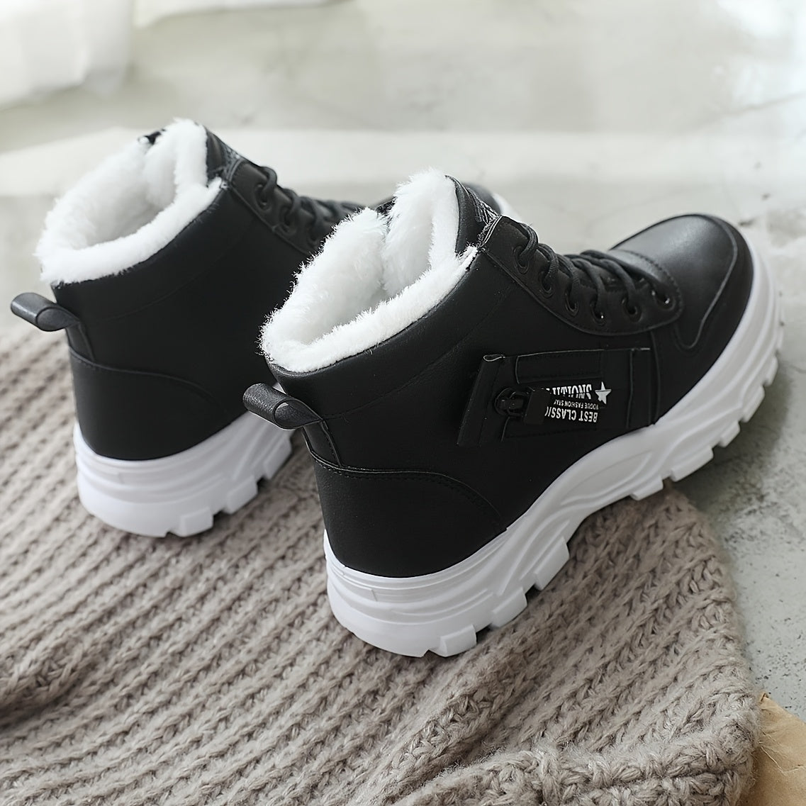 Women's Winter Ankle Boots PU High-Top Lace-Up Warm Insulated Black White