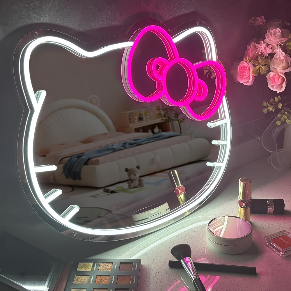 1 dona USB quvvatlangan Hello Kitty multfilm oval LED neon chiroq ko'zgu, turli xonalar uchun dimmable plastik ramka - Yorqin dekor.