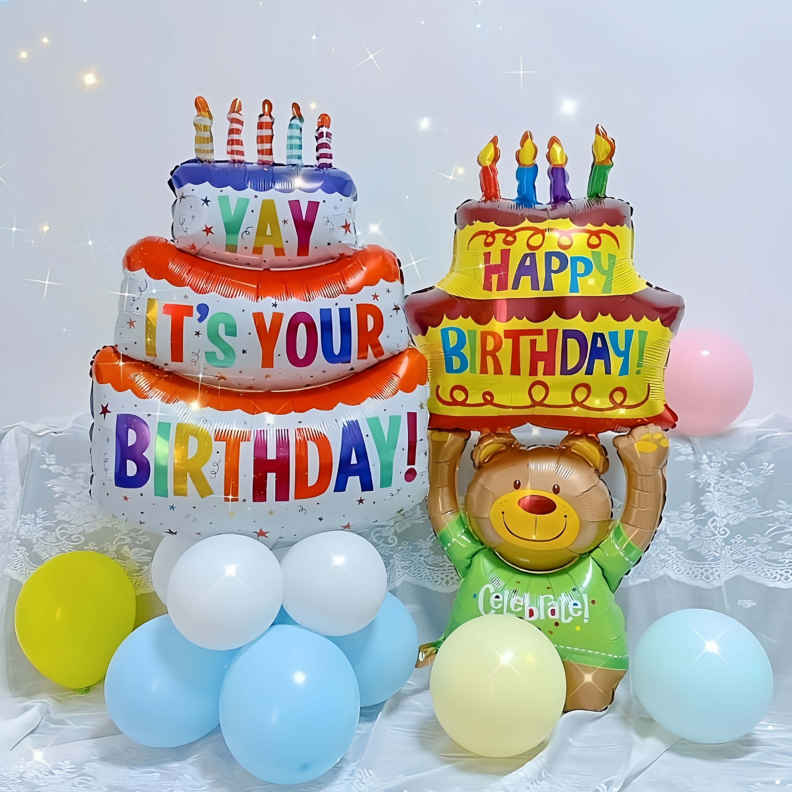 Giant 101.6cm Happy Birthday Cake Balloons with Bear Design Aluminum Foil Decorations