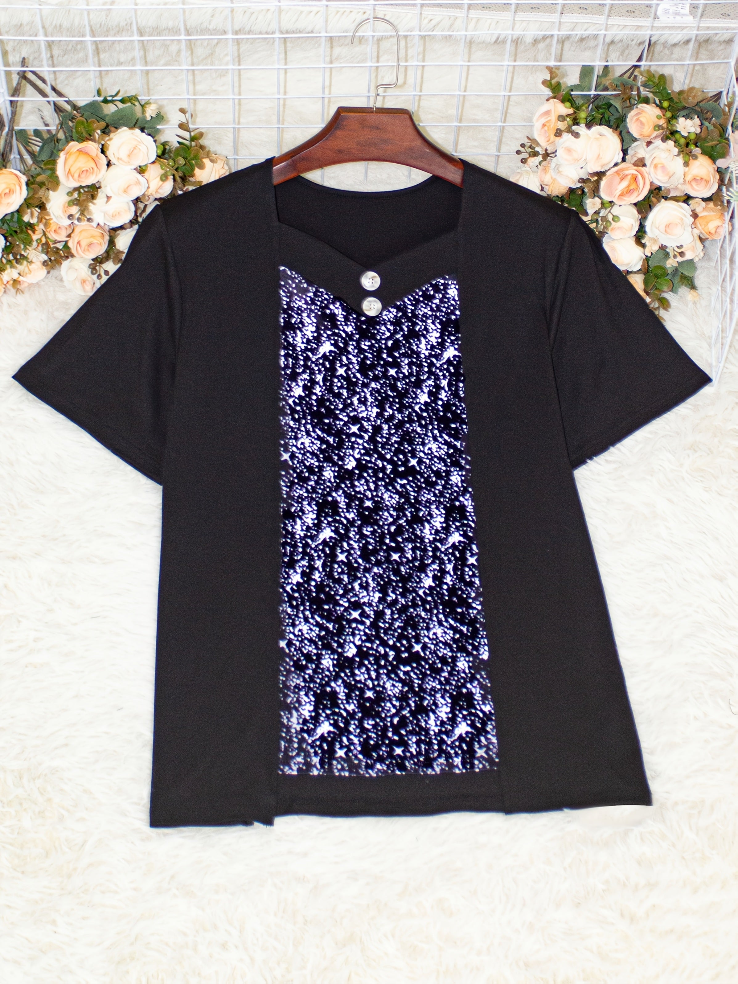 Women Plus Size V-Neck Short Sleeve T-Shirt with Galaxy Print Red Black