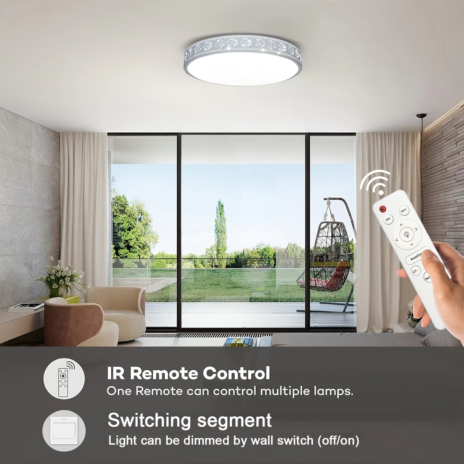 LED Ceiling Light with Remote Control Dimmable Adjustable Color Temperature 2700K-6400K for Indoor Bedrooms and Schools