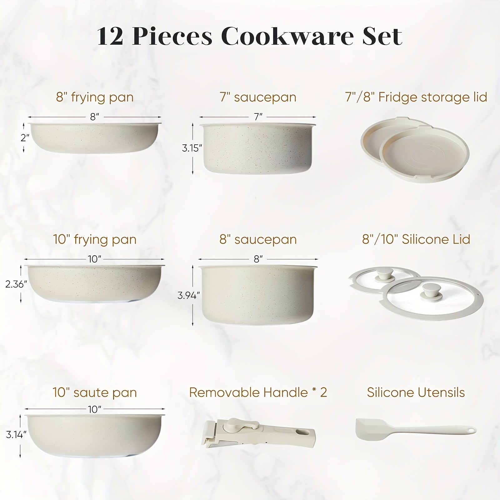 12-Piece Non-Stick Cookware Set with Removable Handles, Cream, Dishwasher Safe