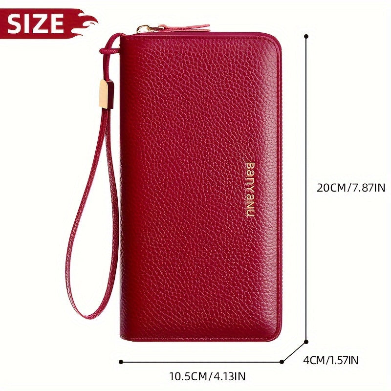 Women's Genuine Leather Wallet with Wristlet Burgundy Large Capacity Double Zip RFID Blocking