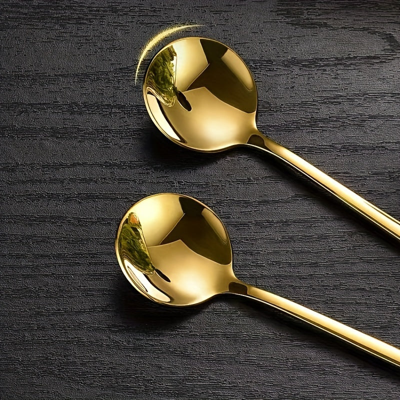 Set of 4 Gold Stainless Steel Long-Handled Spoons for Coffee, Ice Cream, and Honey