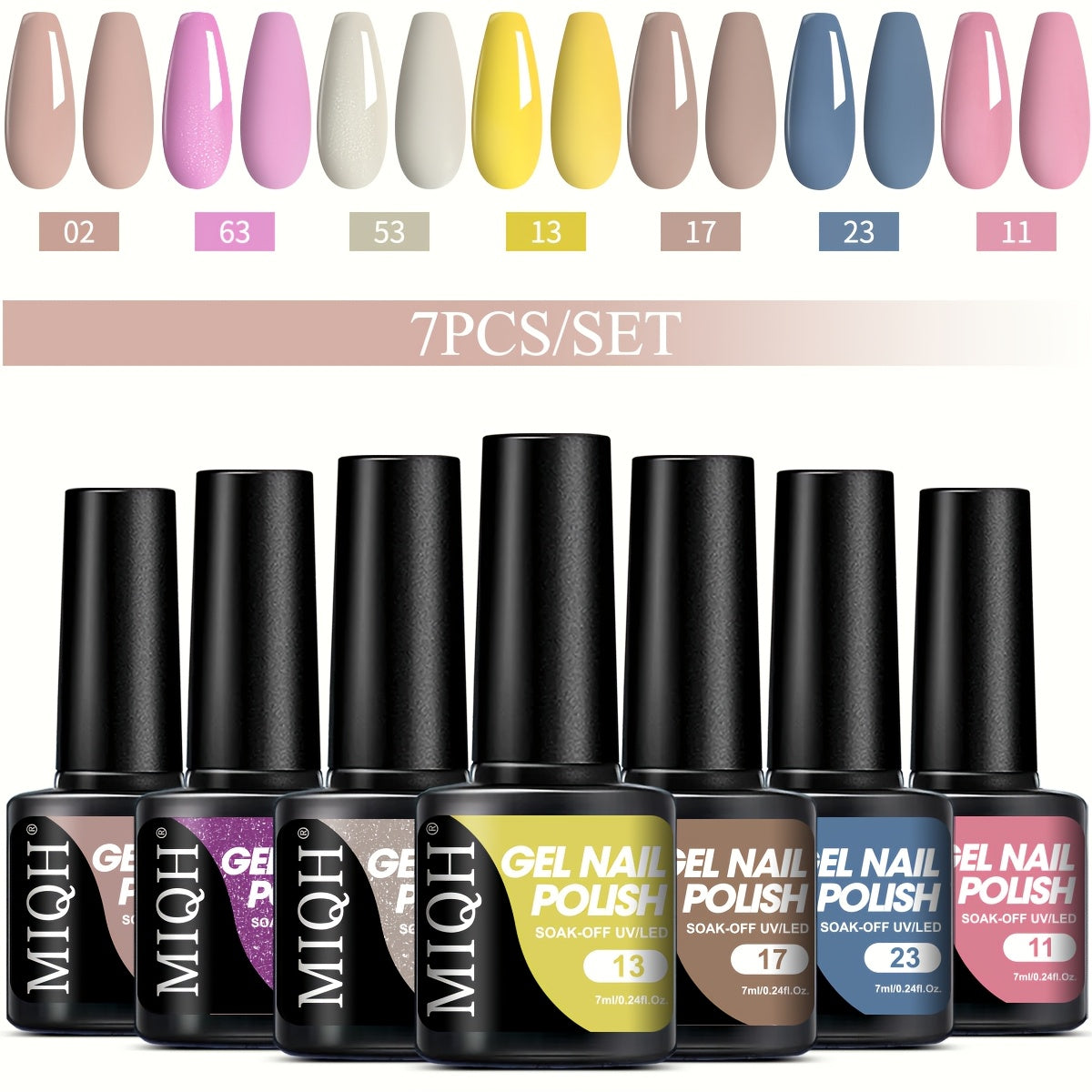 7-Piece Gel Nail Polish Set Black White Nude Semi-Permanent UV LED Soak Off