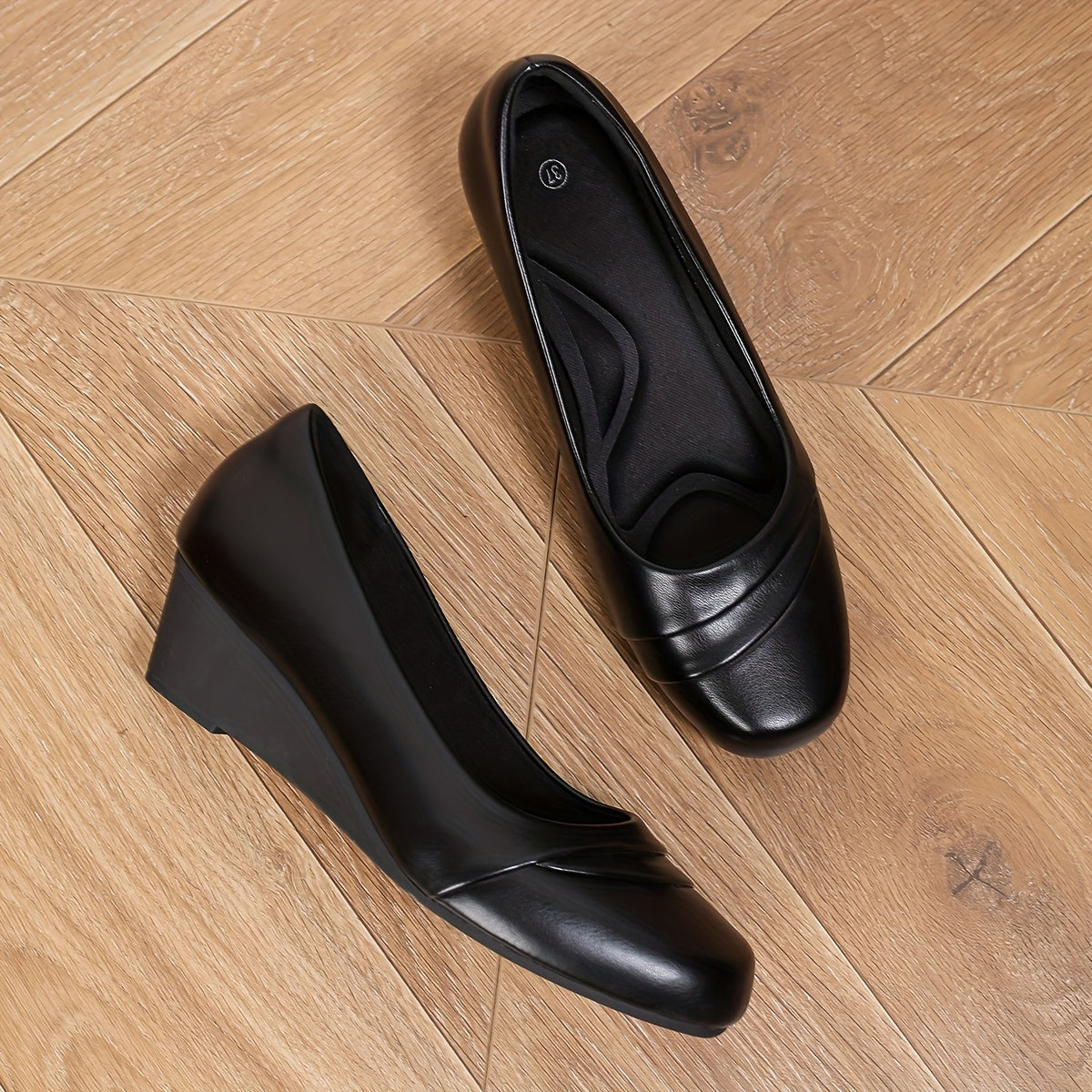 Zapatos de mujer tipo slip-on con punta cuadrada y tacón grueso, negros, cómodos para el trabajo