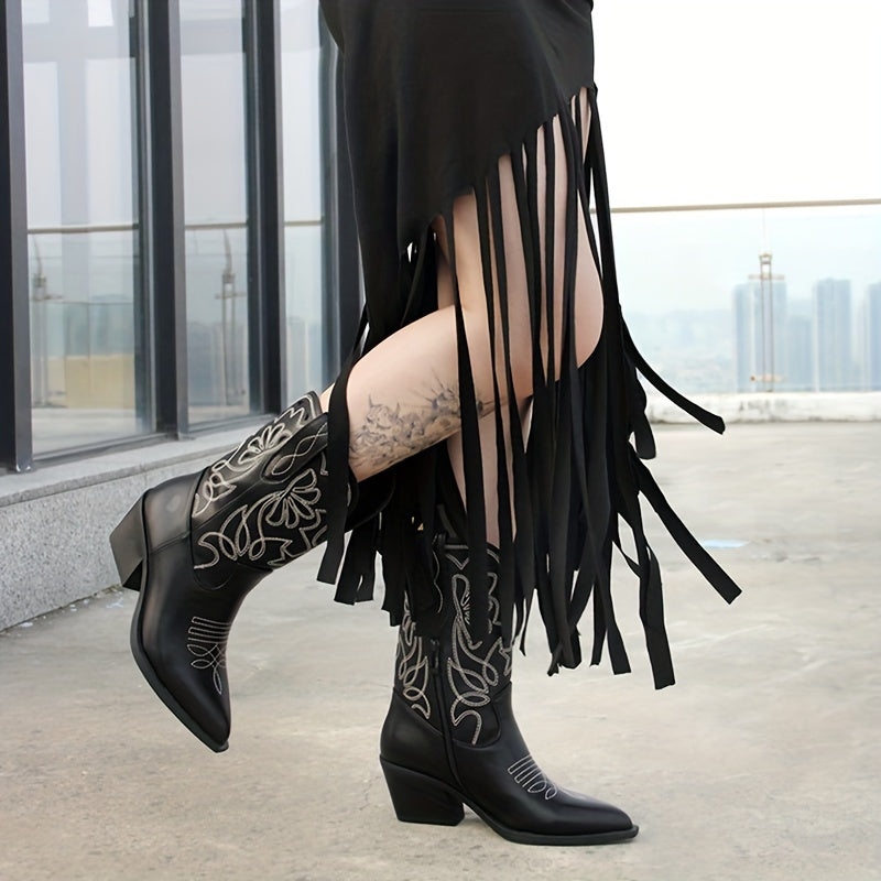Women’s Western Cowboy Boots Black High Heel Dress Shoes Pointed Toe